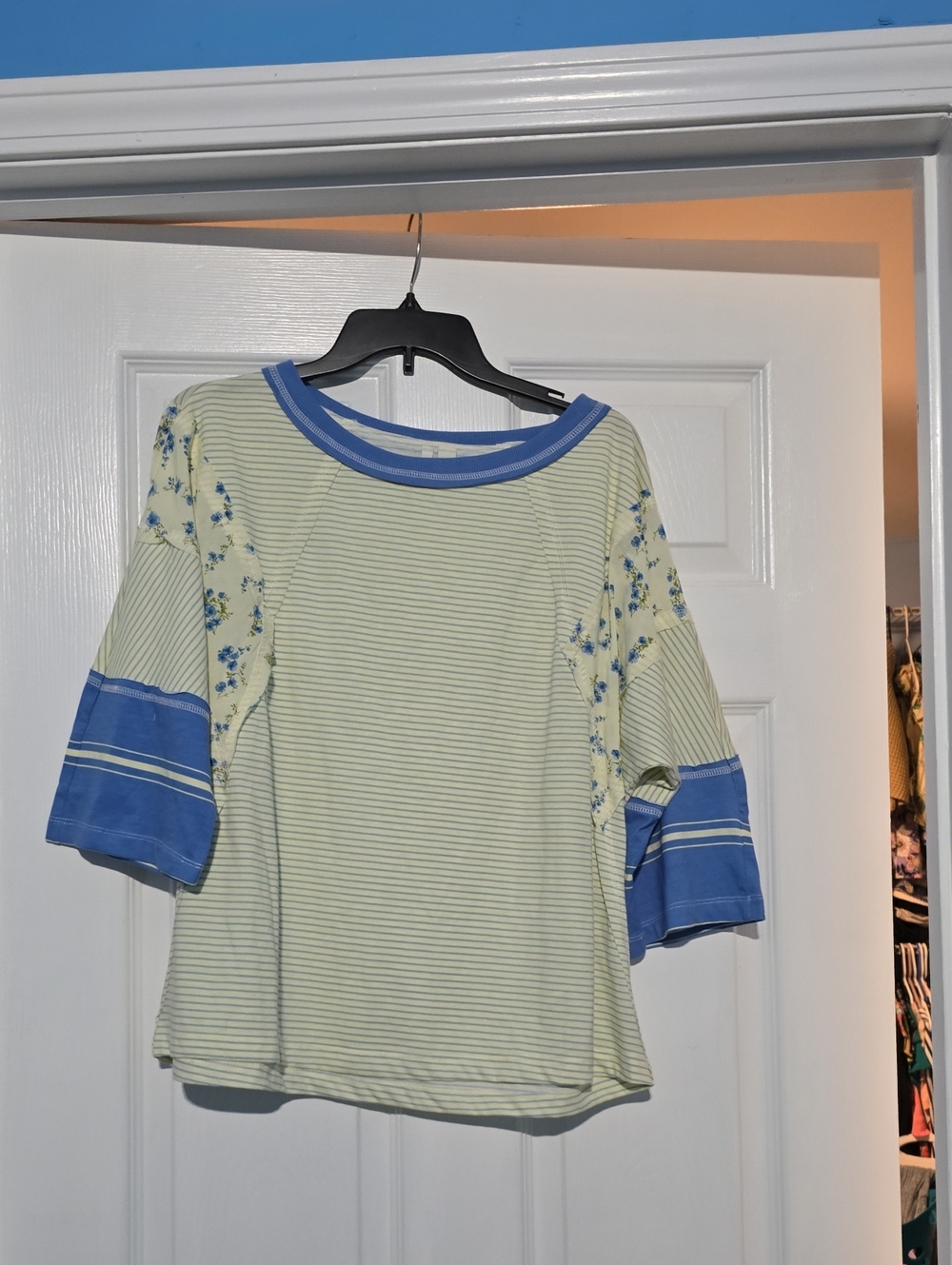 Cato Pale Yellow Striped Top with Blue Floral & Cuff Detail